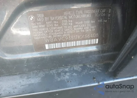 2007 BMW 328Xi из США, поврежденный, VIN WBAVC93517KX56408